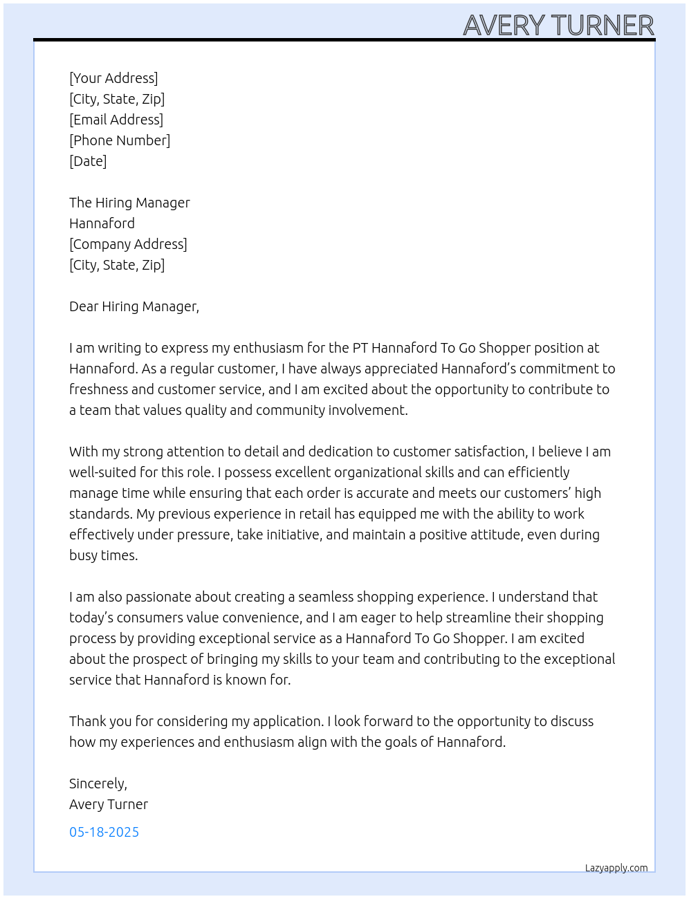 PT Hannaford To Go Shopper At Hannaford Cover Letter