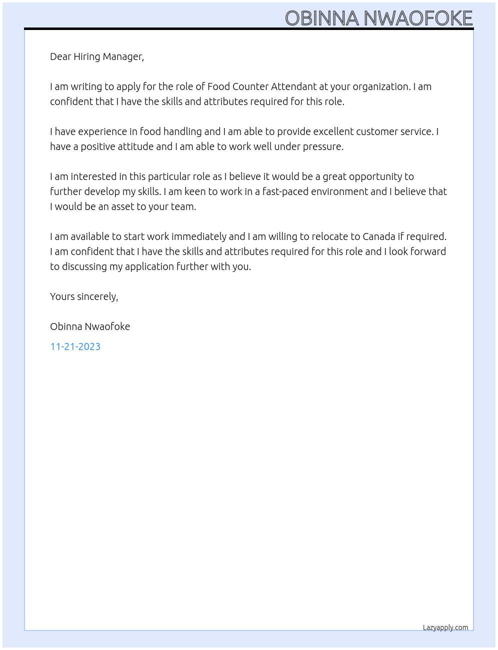 Food Counter Attendant At Your organization Cover Letter