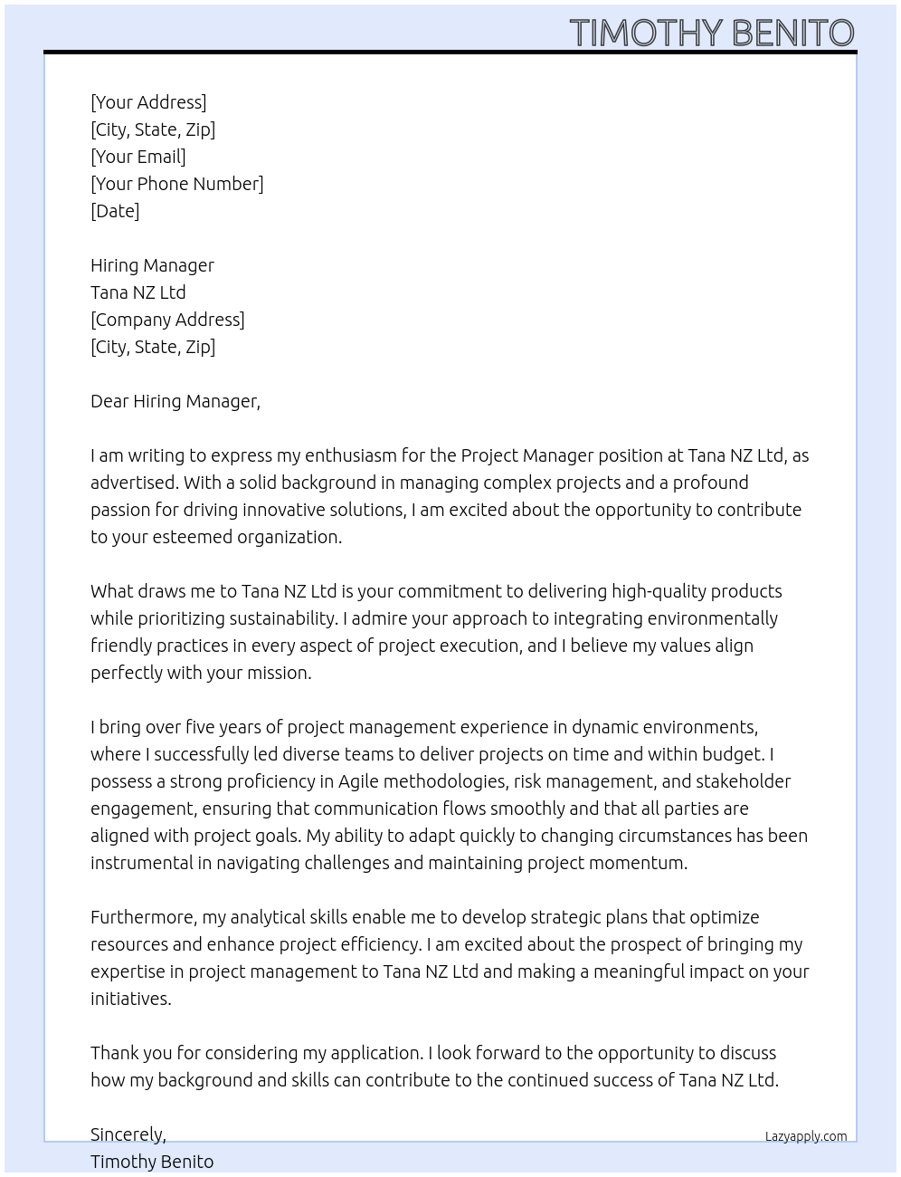 Project Manager At Tana NZ Ltd Cover Letter