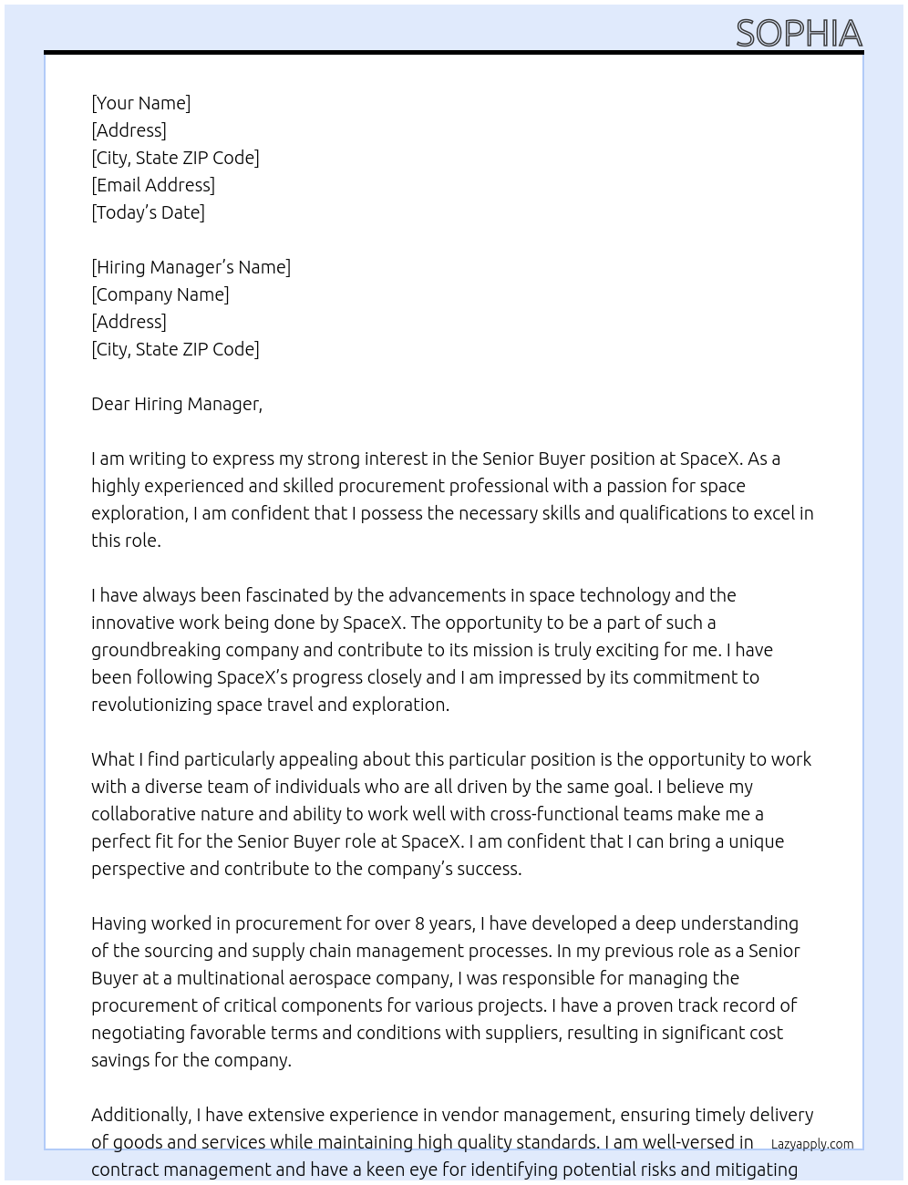 Senior Buyer At SpaceX Cover Letter