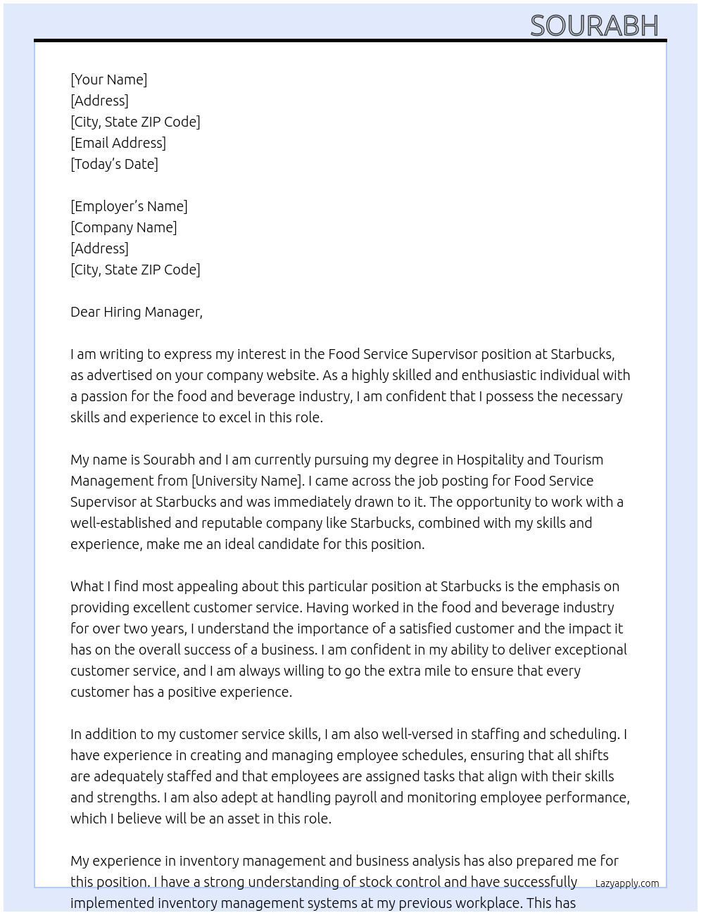 Food service supervisor At Starbucks Cover Letter