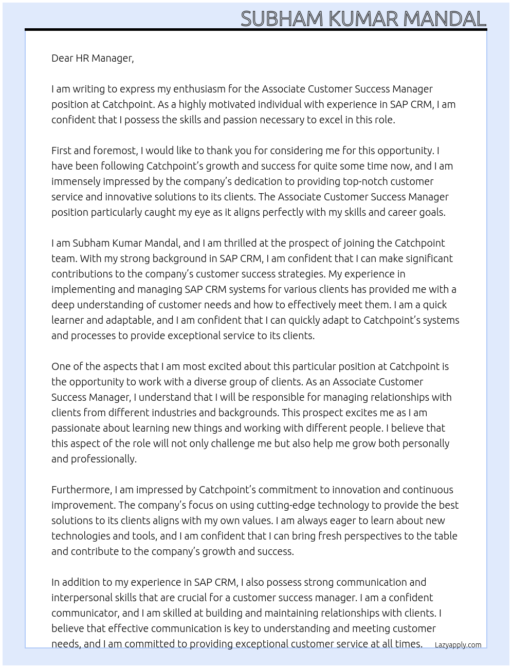 Associate Customer Success Manager At Catchpoint Cover Letter