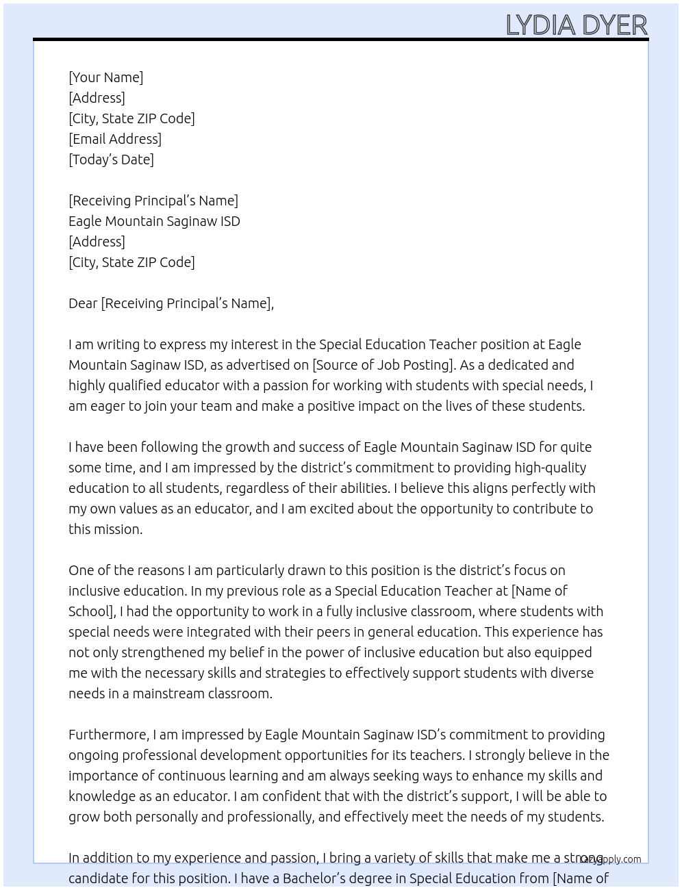 Special Education Teacher At Eagle Mountain Saginaw ISD Cover Letter