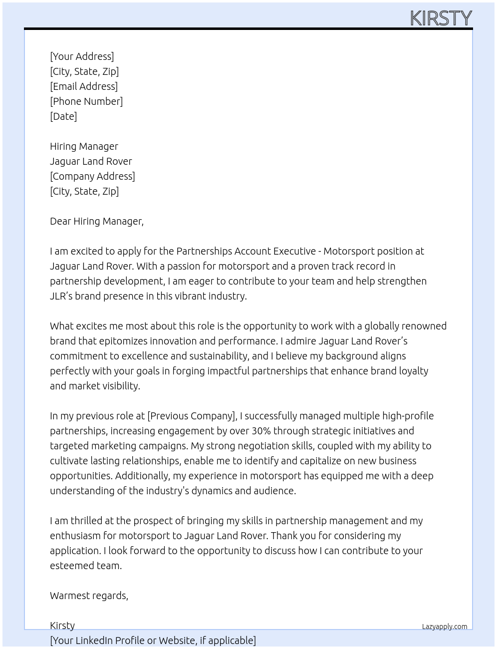 Partnerships Account Executive - Motorsport At Jaguar Land Rover Cover Letter
