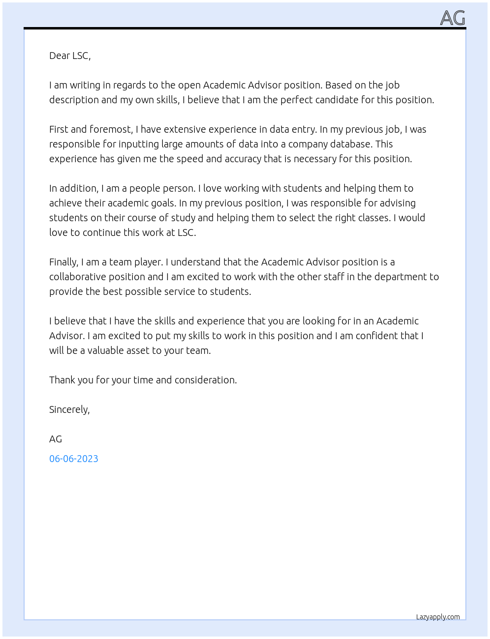Academic Advisor At LSC Cover Letter