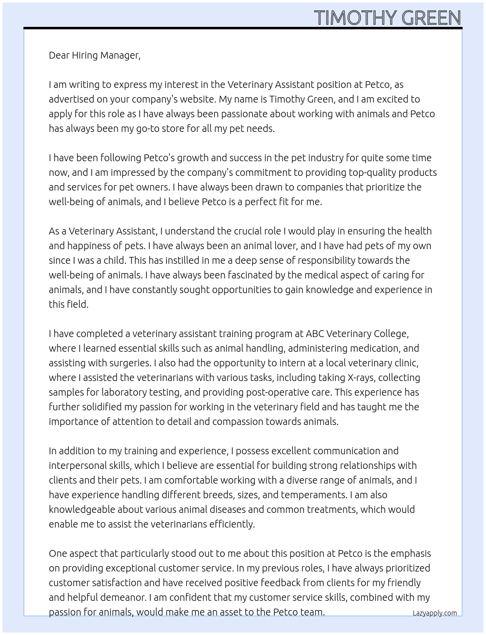 veterinary assistant At petco Cover Letter