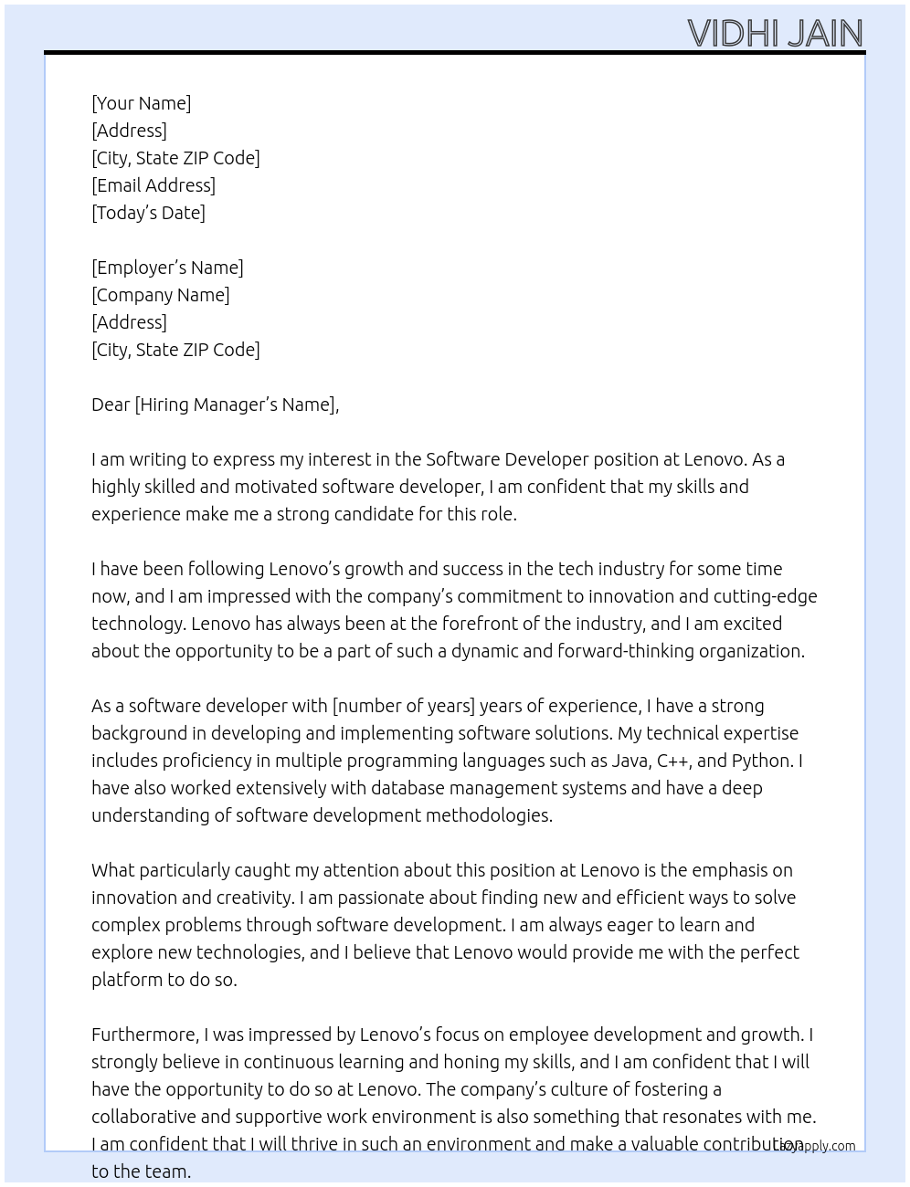 Software Developer At Lenovo Cover Letter