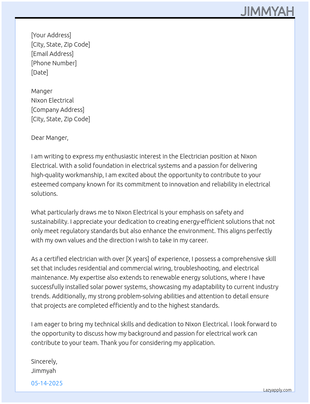 electrician At nixon electrical Cover Letter