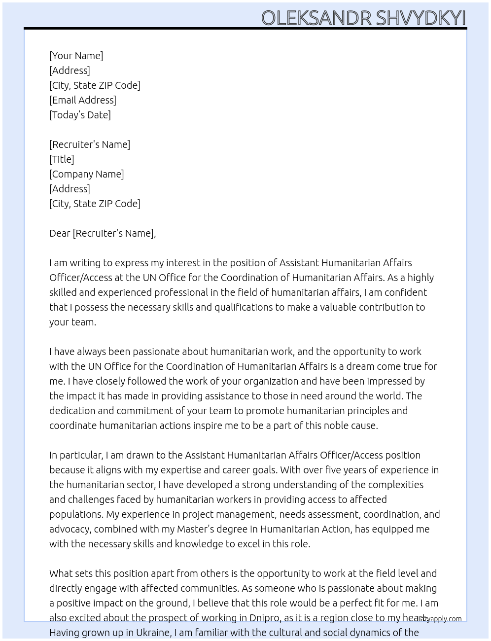 Cover letter for assistant humanitarian affairs officer/access - LazyApply