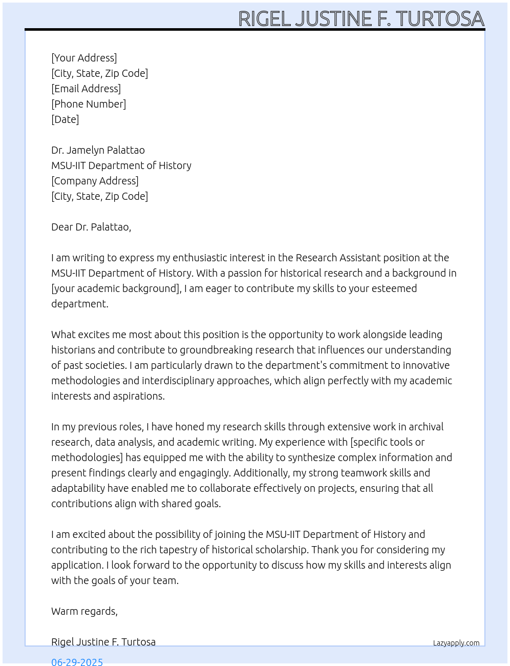 Research Assistant At MSU-IIT Department of History  Cover Letter