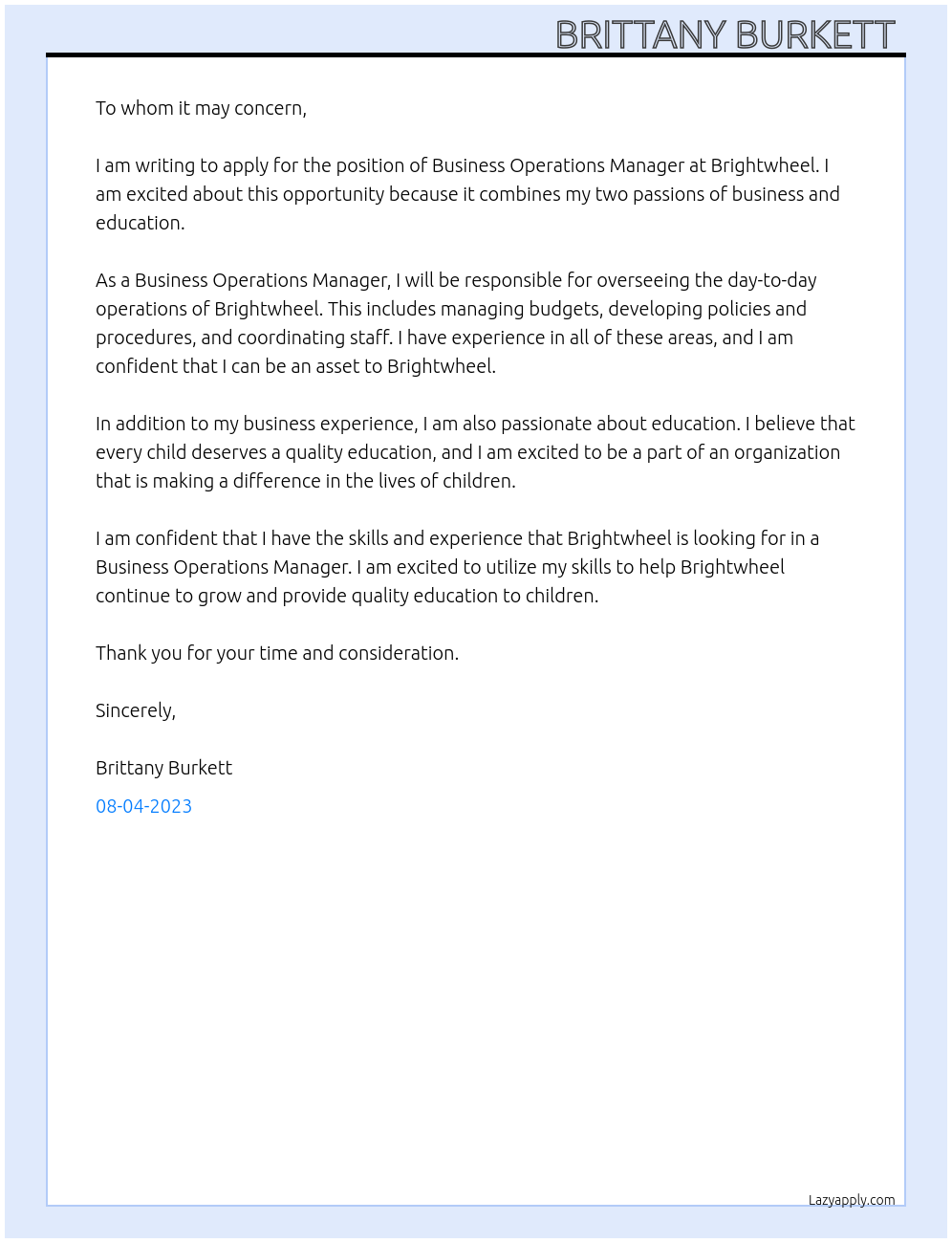 Business operations manager At Brightwheel Cover Letter