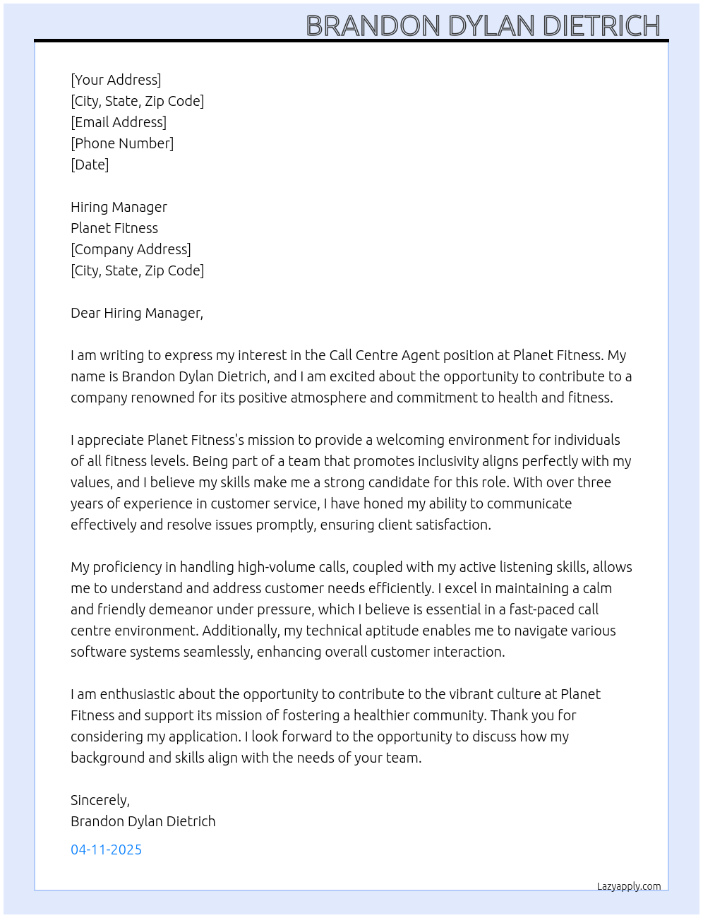 Call Centre Agent At Planet Fitness Cover Letter
