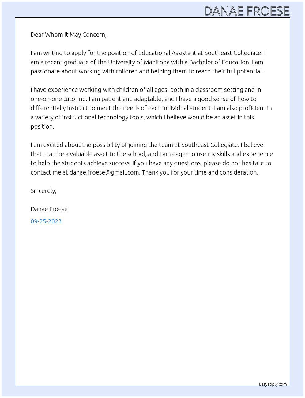 Educational Assistant At Southeast Collegiate Cover Letter