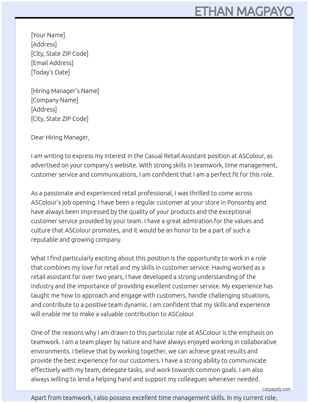 Cover letter for casual retail assistant - LazyApply