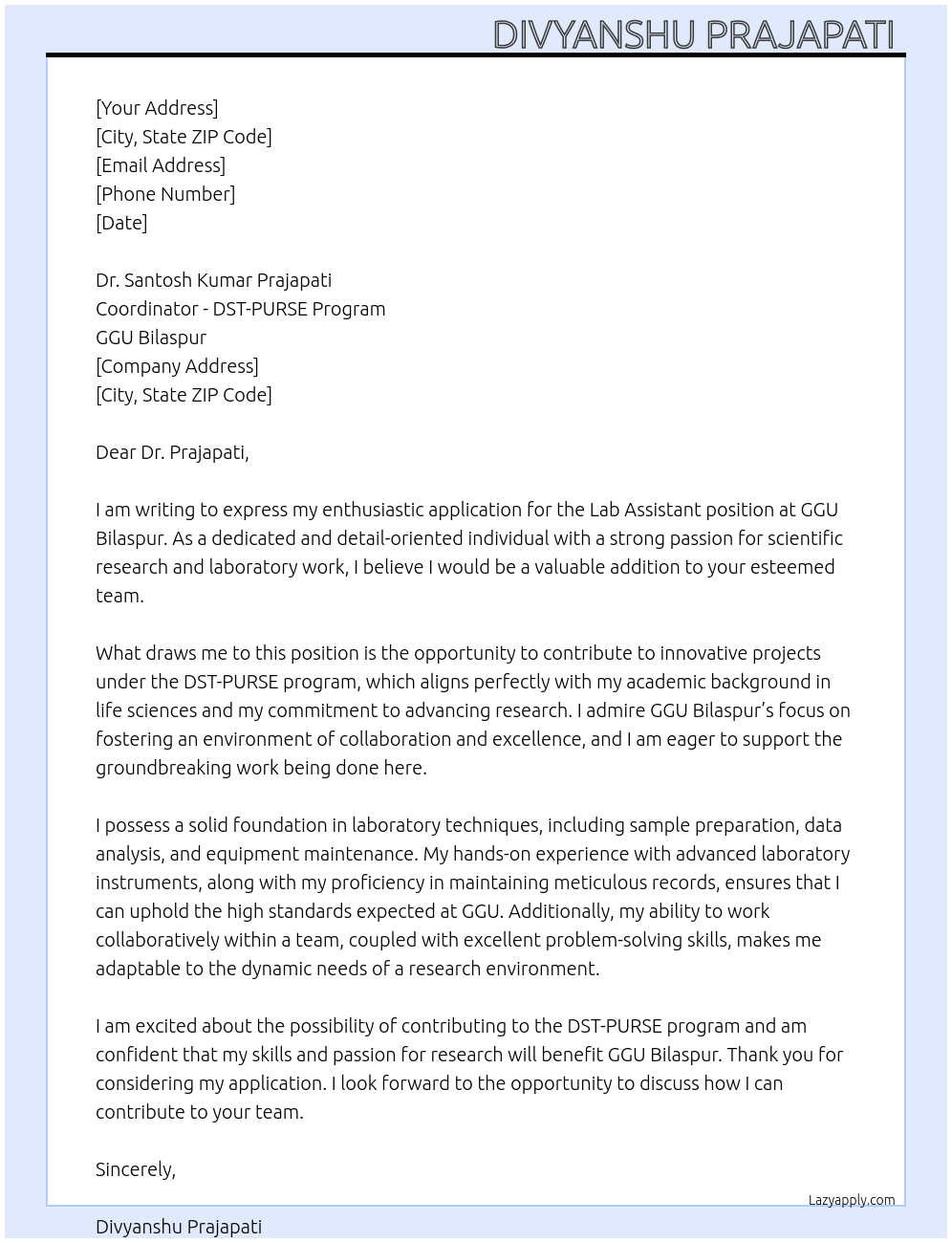 Lab assistant At Ggu bilaspur Cover Letter