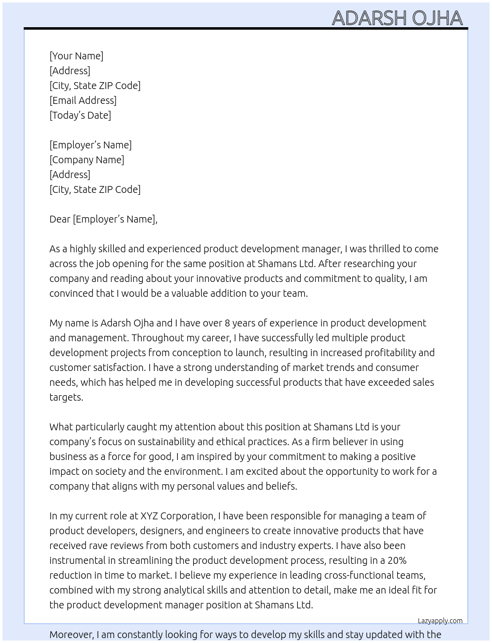 product development manager At Shamans Ltd Cover Letter