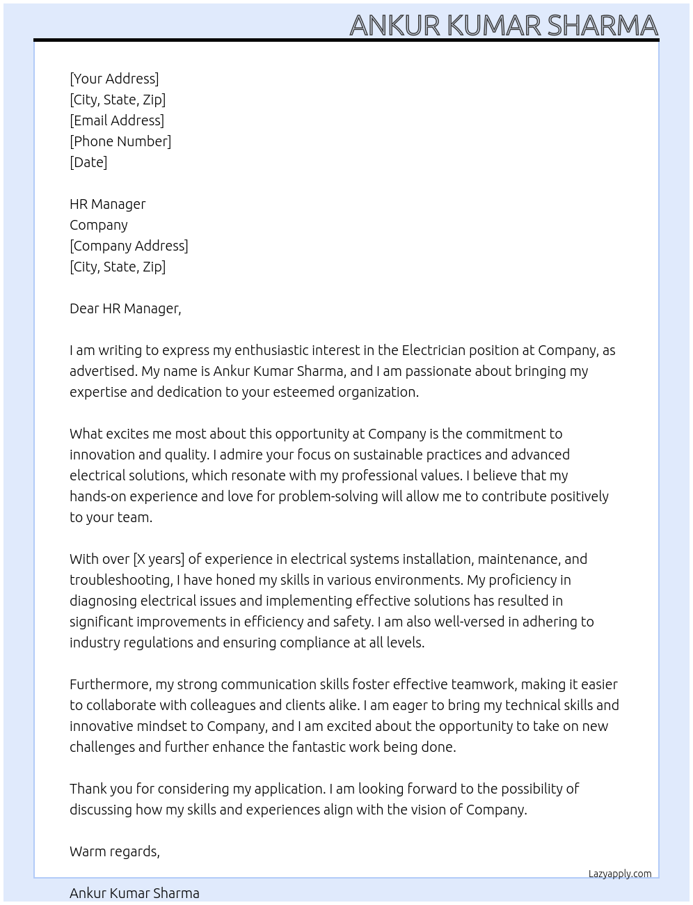 Electrician At Company Cover Letter
