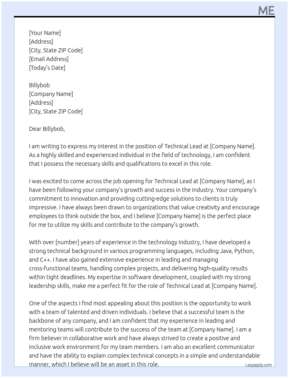 Technical LEad At billybob Cover Letter