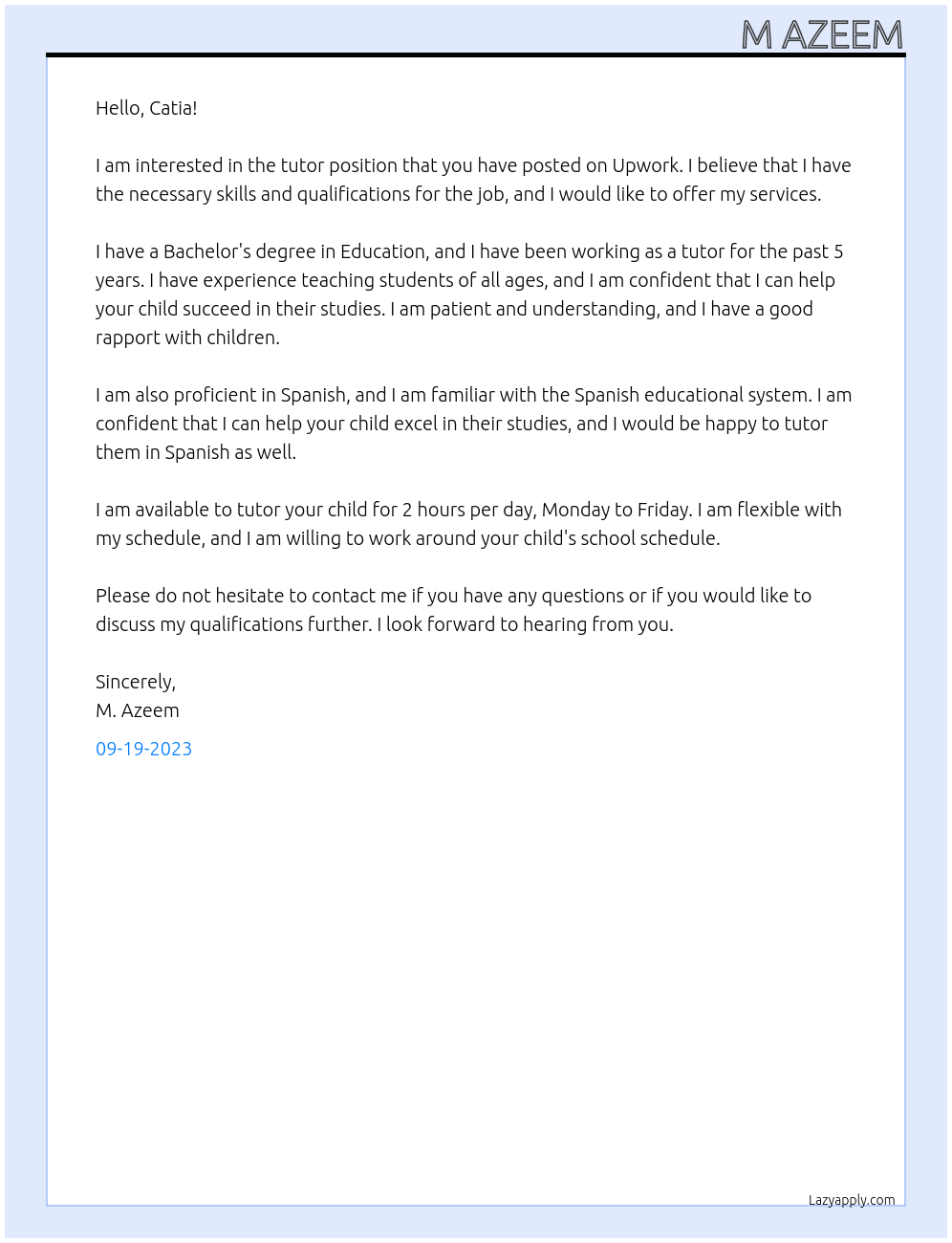 tutor At upwork Cover Letter