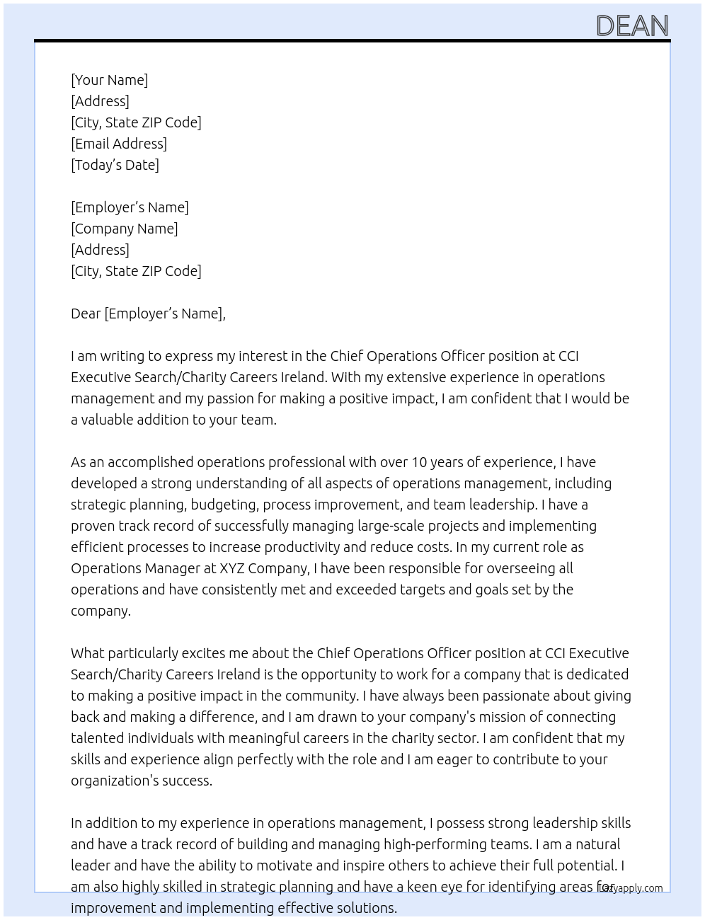 Chief operations officer At CCI Executive Search/Charity Careers Ireland Cover Letter