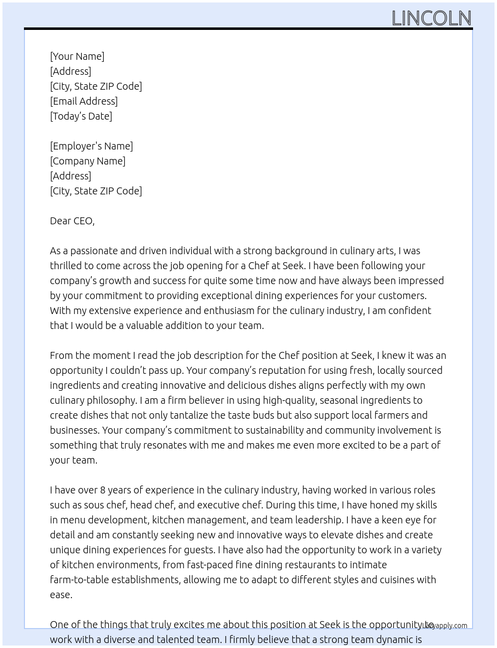 chef At seek Cover Letter