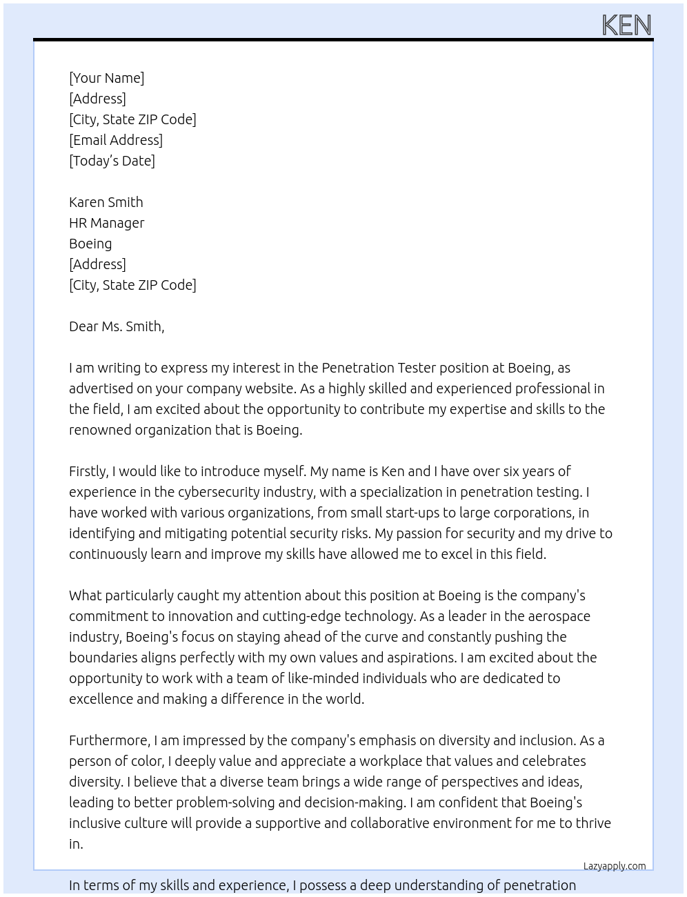 Penetration Tester At Boeing Cover Letter