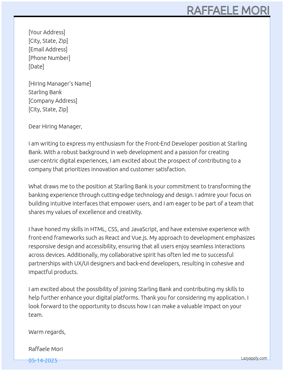 Front-end developer At Starling bank Cover Letter