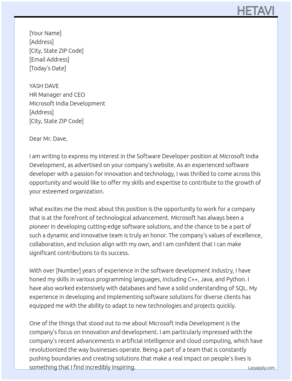 SOFTWARE DEVLOPER At MICROSOFT INDIA DEVELOPMENT Cover Letter