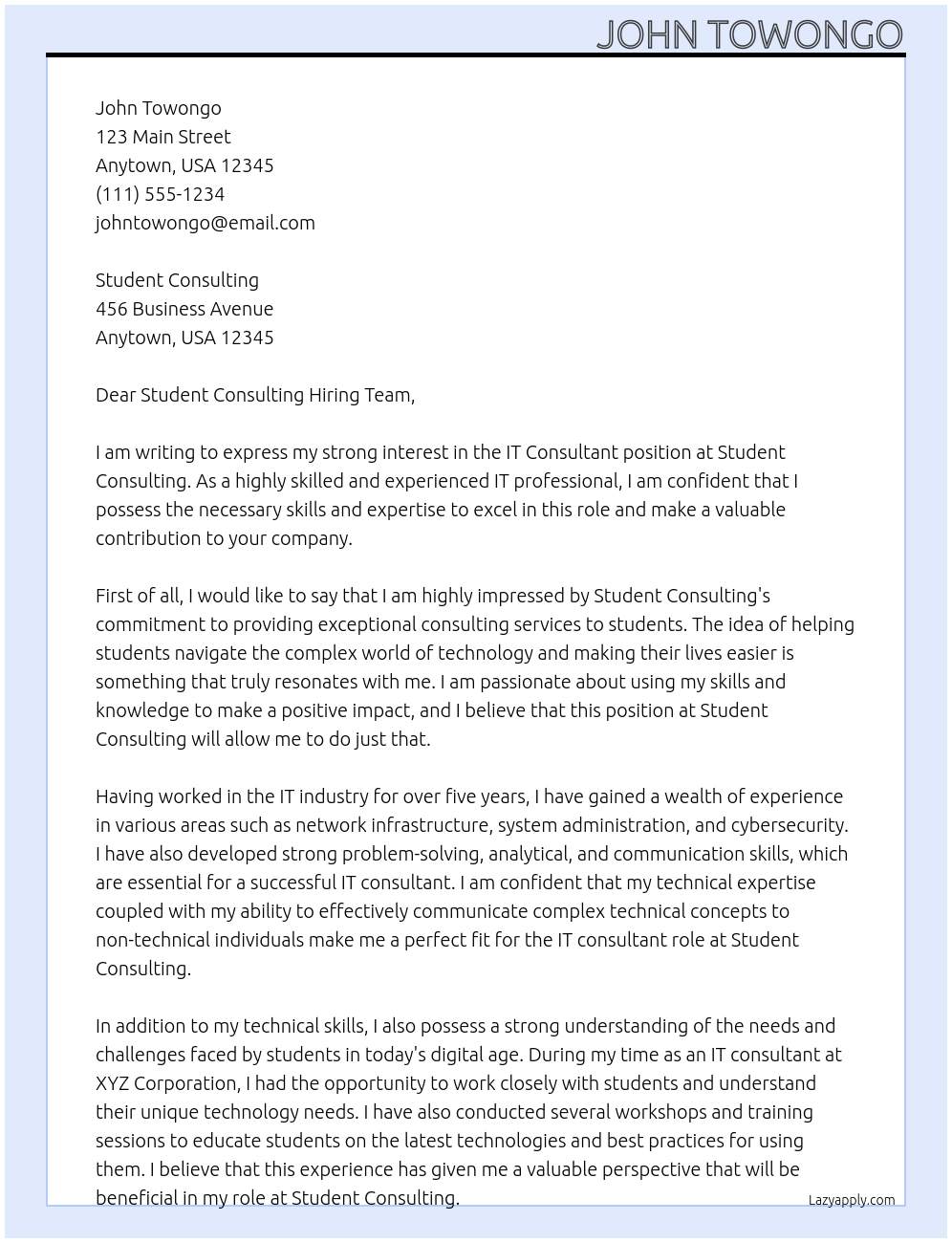 IT consultant At student consulting Cover Letter