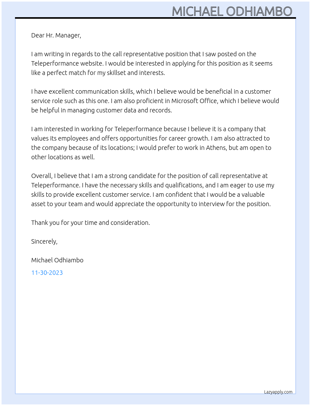 Call representative At Teleperformance Cover Letter