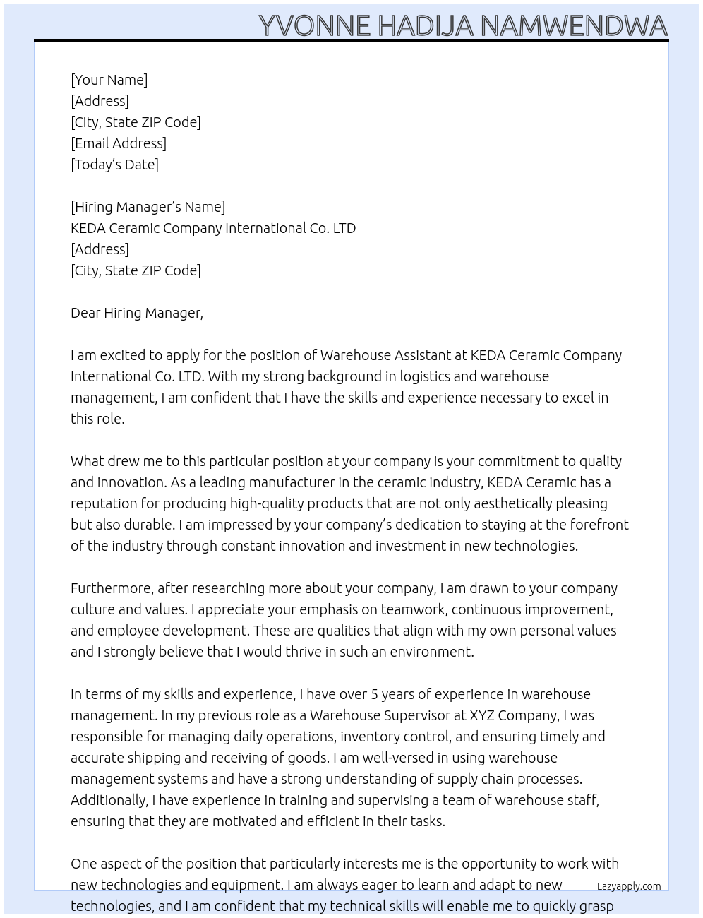 Warehouse Assistant At KEDA Ceramic Company International Co. LTD Cover Letter