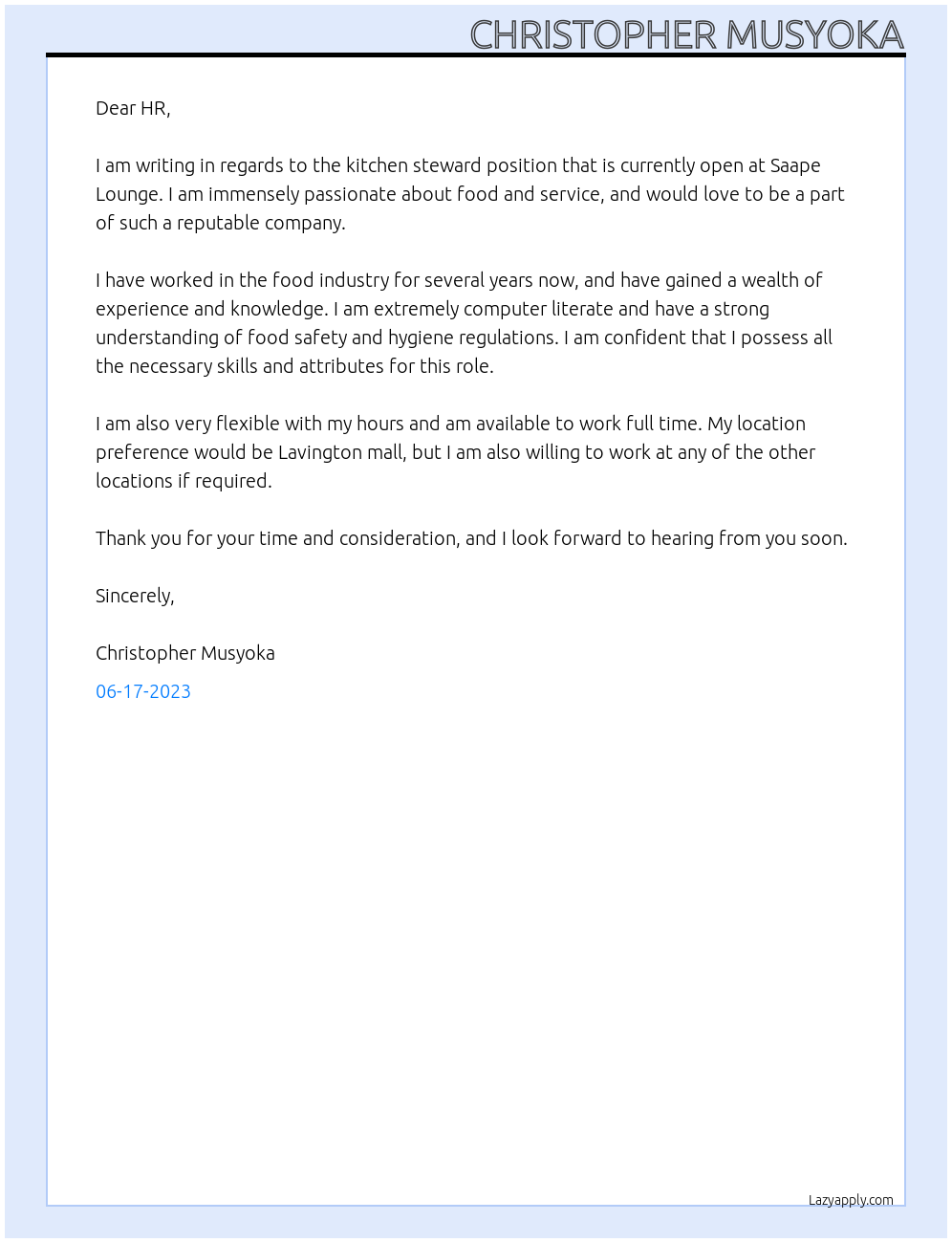 kitchen steward At Saape Lounge Cover Letter