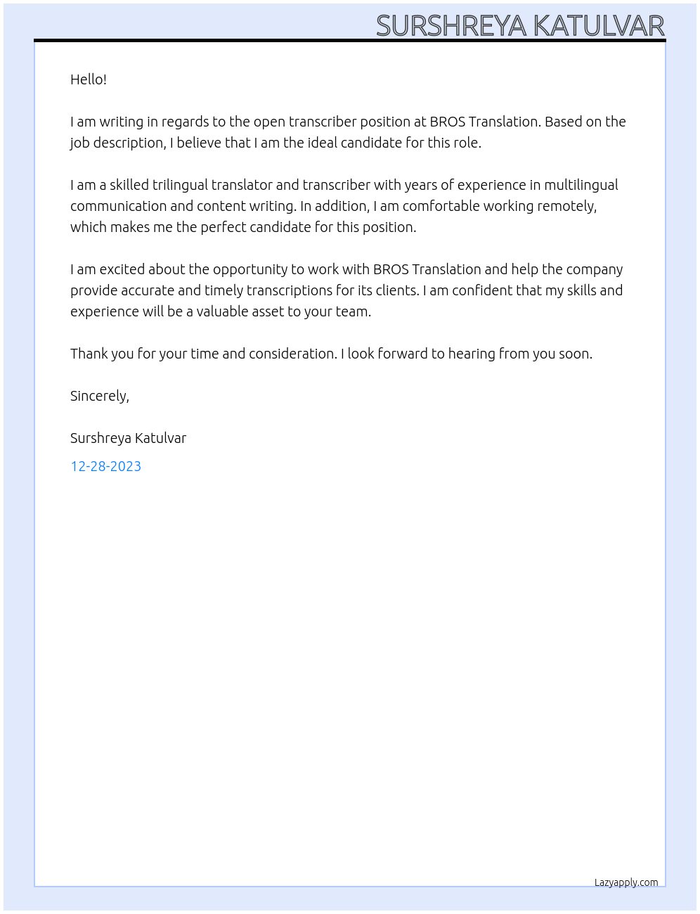 transcriber At BROS Translation Cover Letter