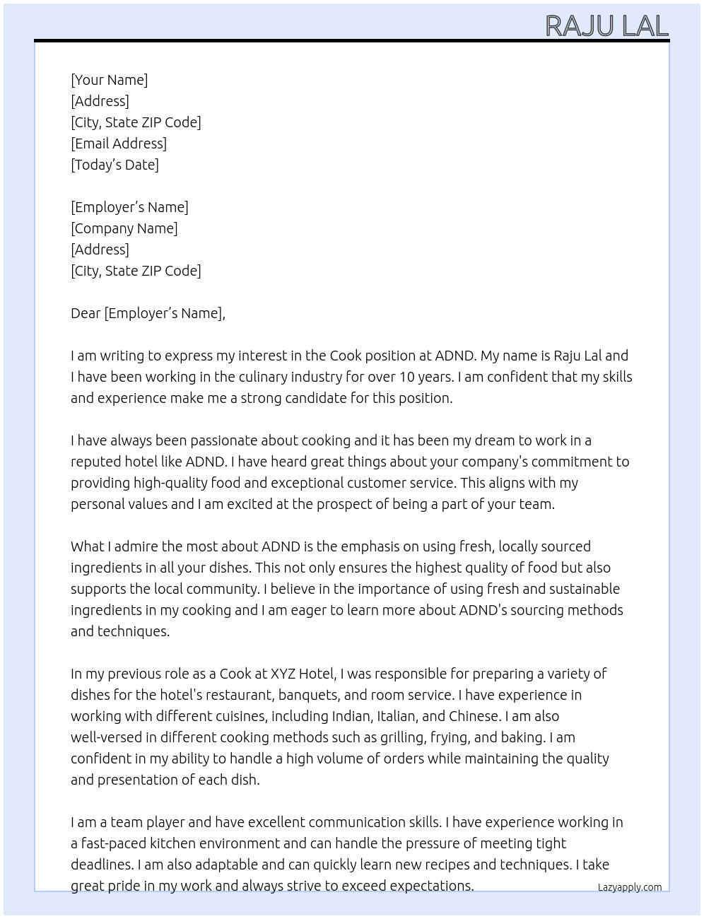 Cook At ADND  Cover Letter