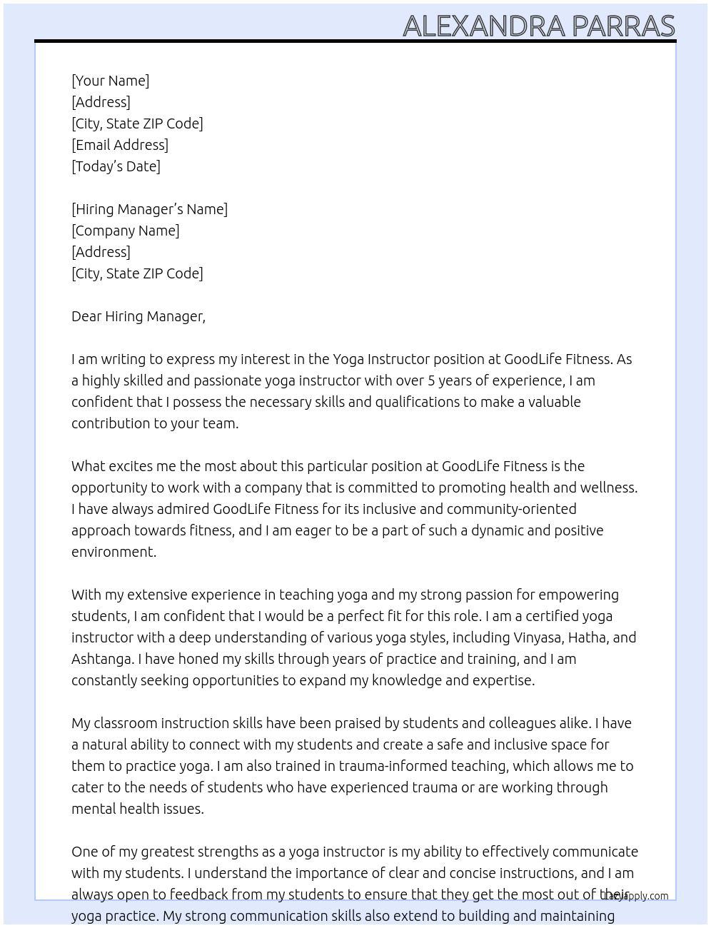 Yoga Instructor  At GoodLife FItness Cover Letter