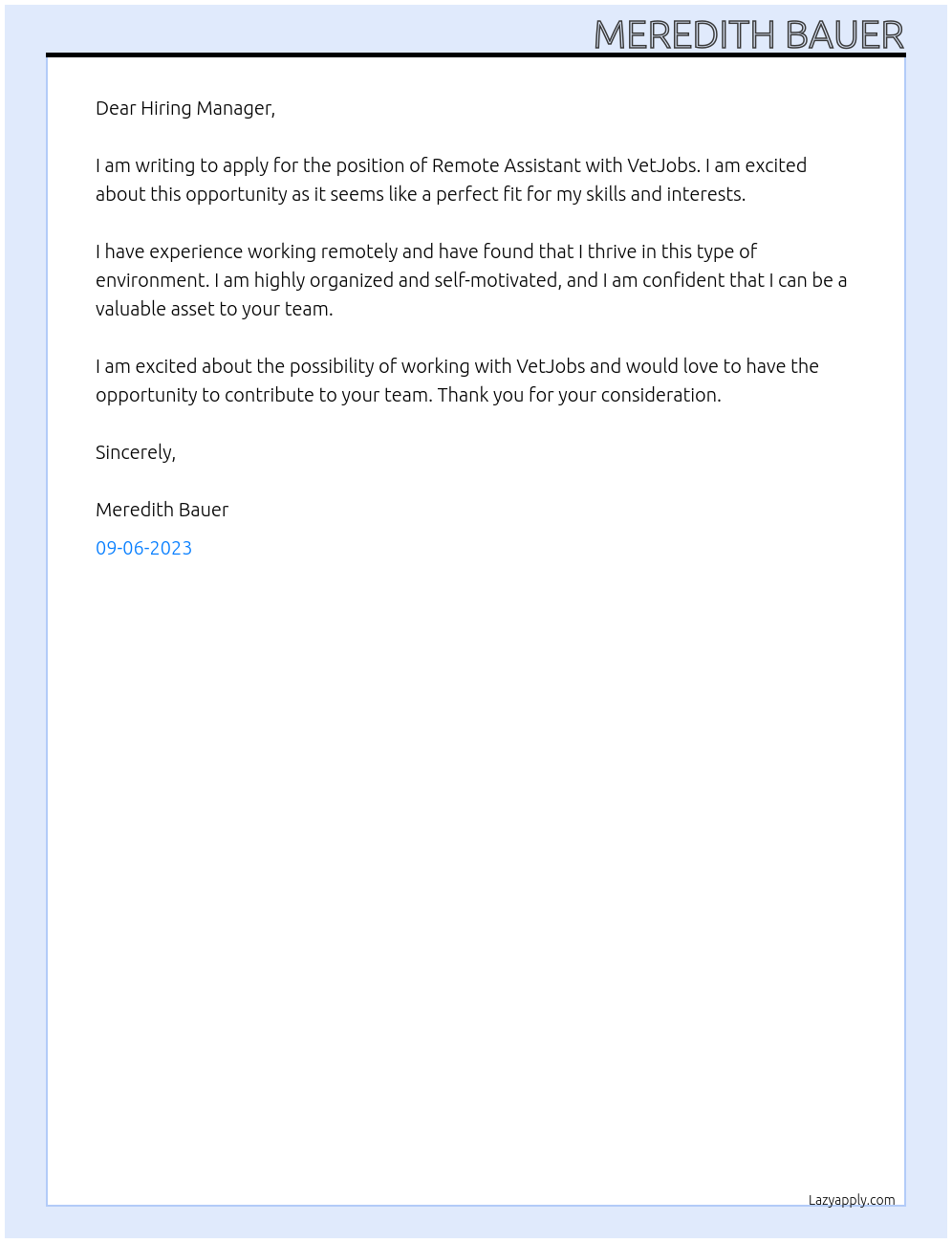 Remote assistant At VetJobs Cover Letter