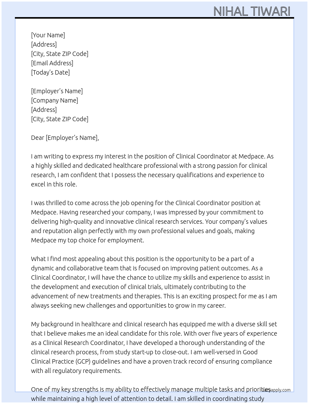 Clinical coordinator  At Medpace Cover Letter