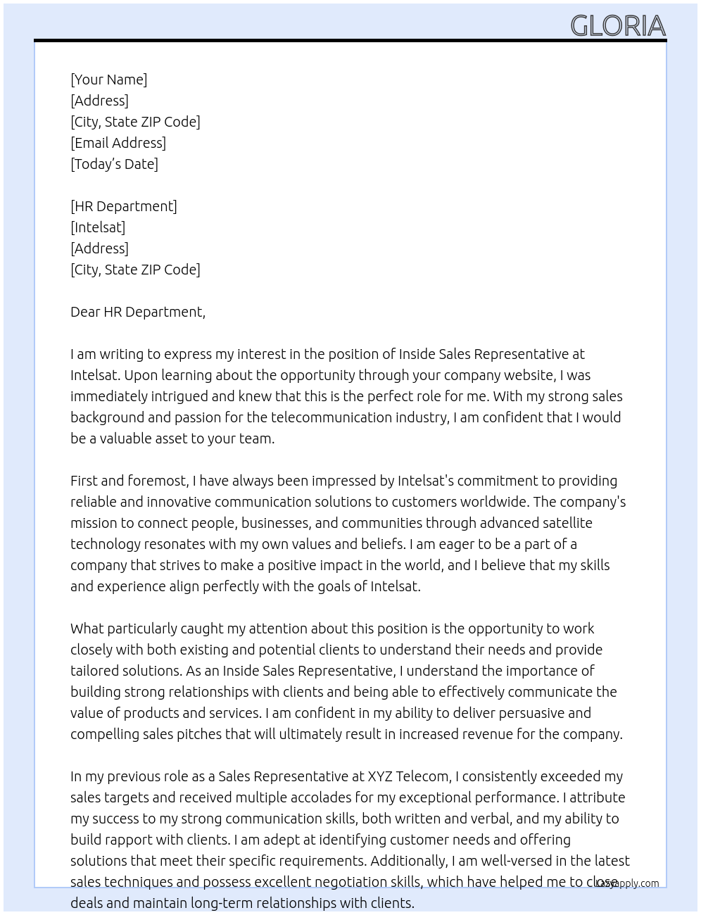 INSIDE SALES REPRESENTATIVE At INTELSAT Cover Letter