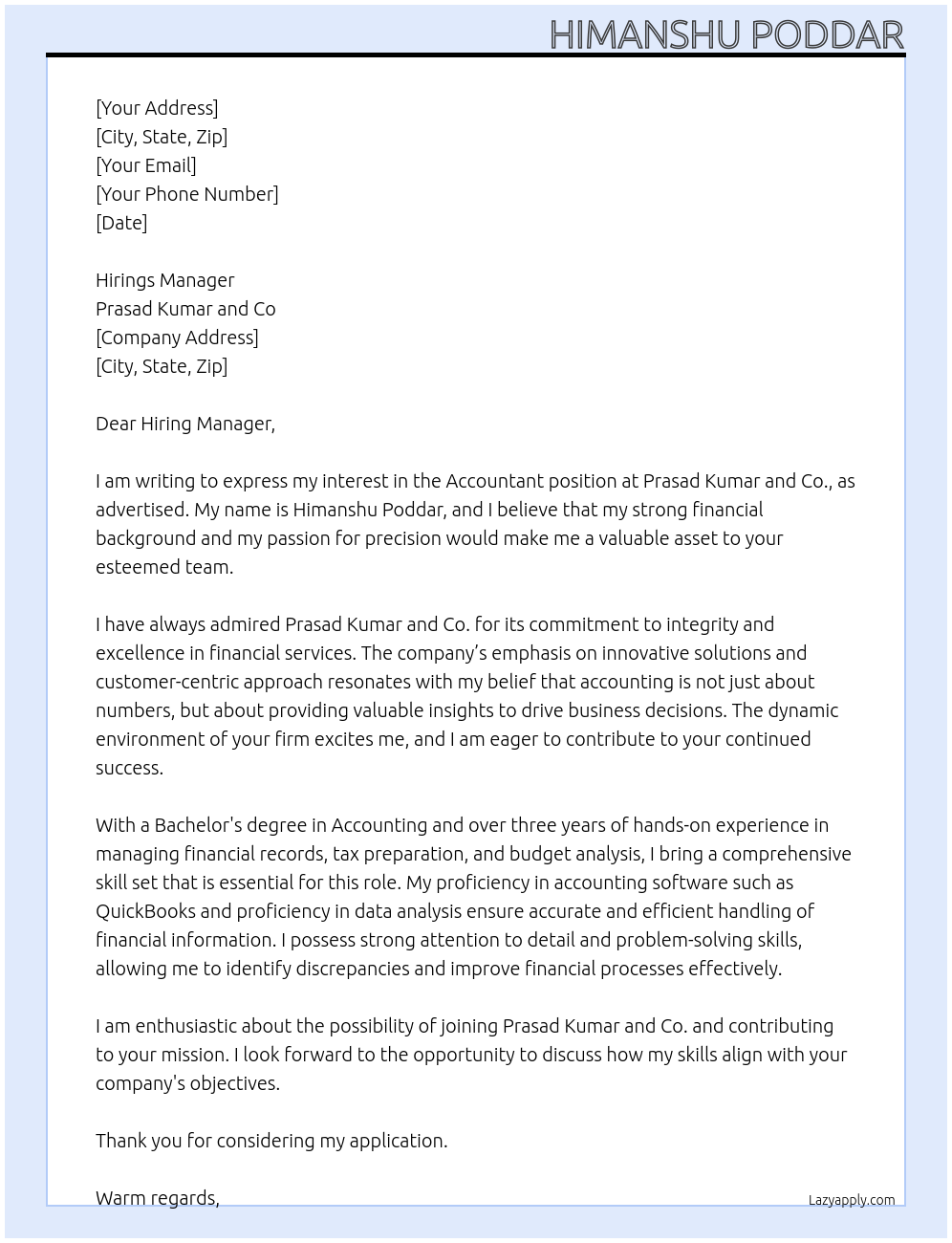 Accountant At Prasad kumar and co Cover Letter