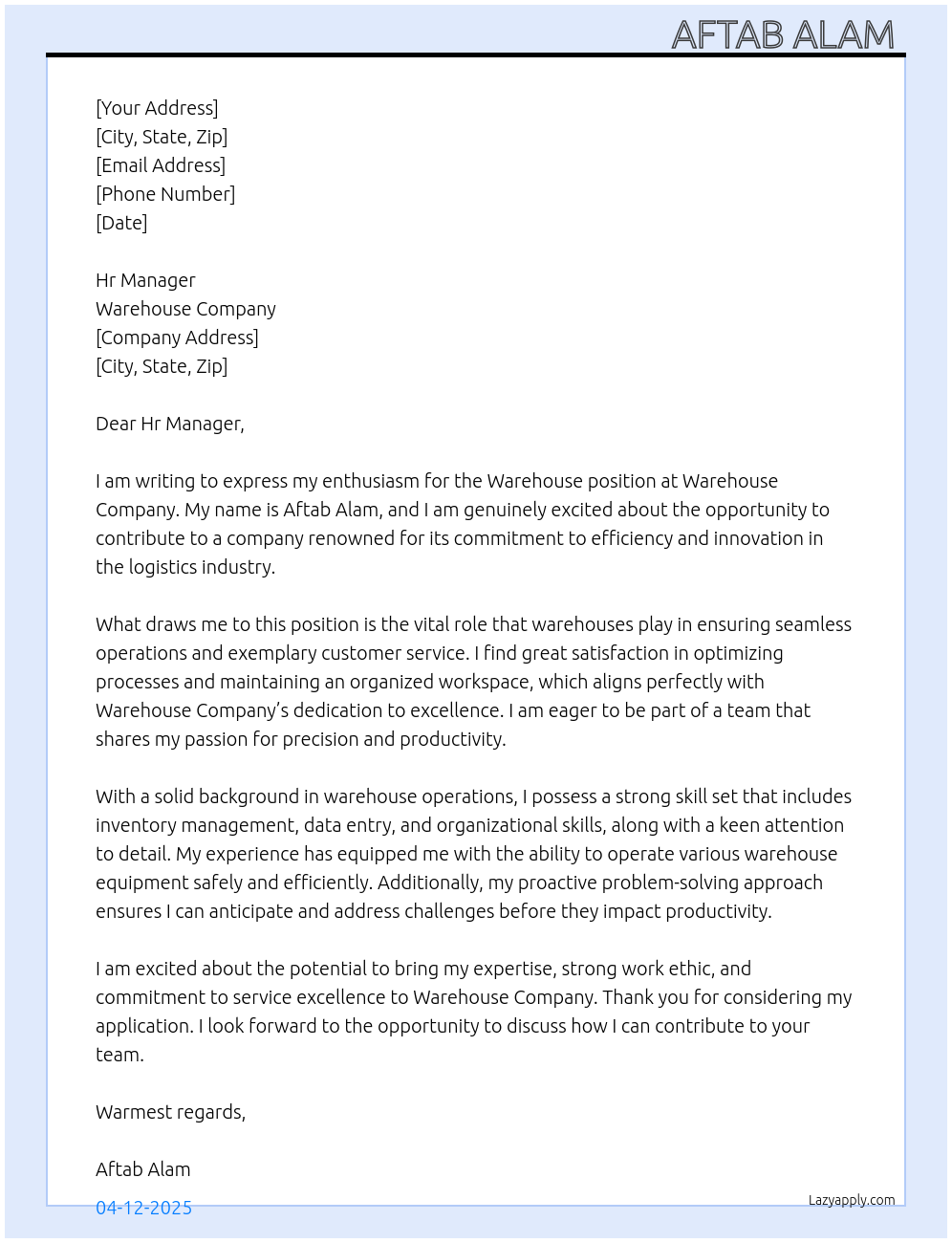 Warehouse At Warehouse company Cover Letter