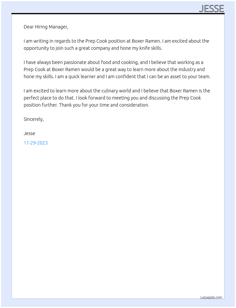 Prep Cook At Boxer Ramen Cover Letter