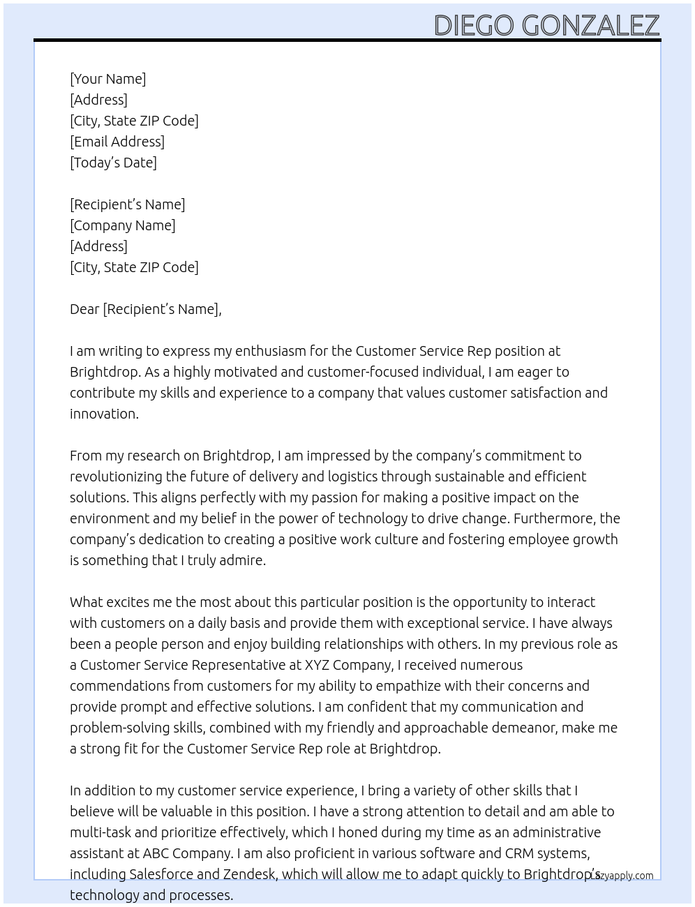 Customer Service Rep At Brightdrop Cover Letter