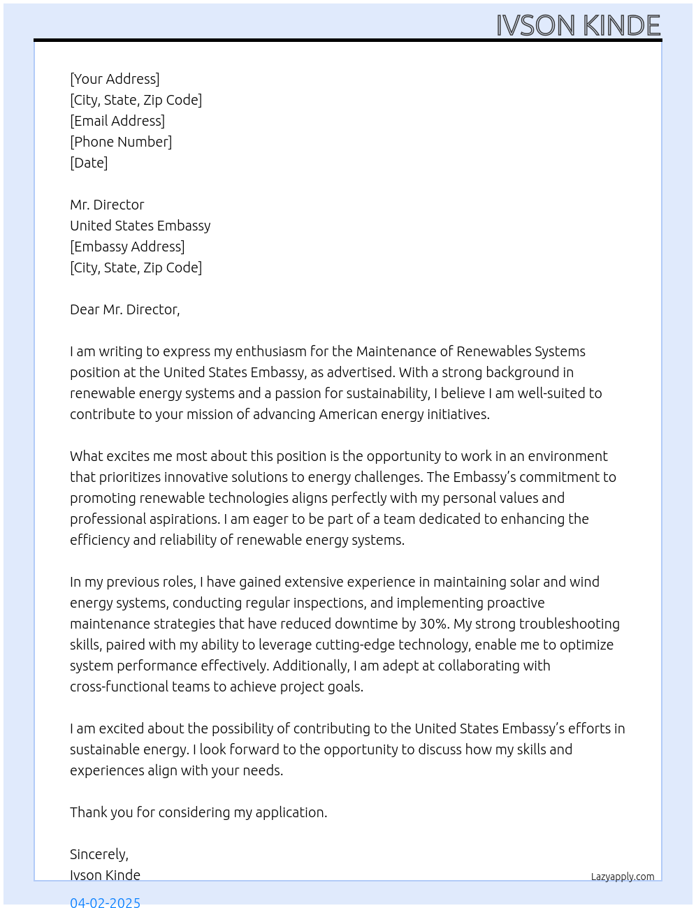 Maintenance of renewables systems At United States Embassy Cover Letter