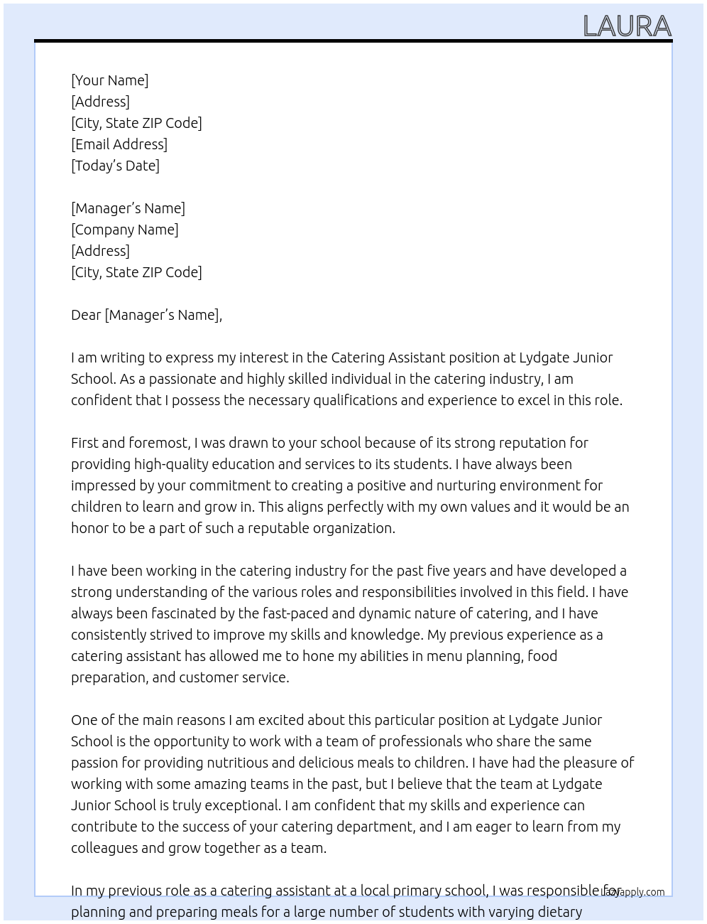 catering assistant At Lydgate Junior School Cover Letter