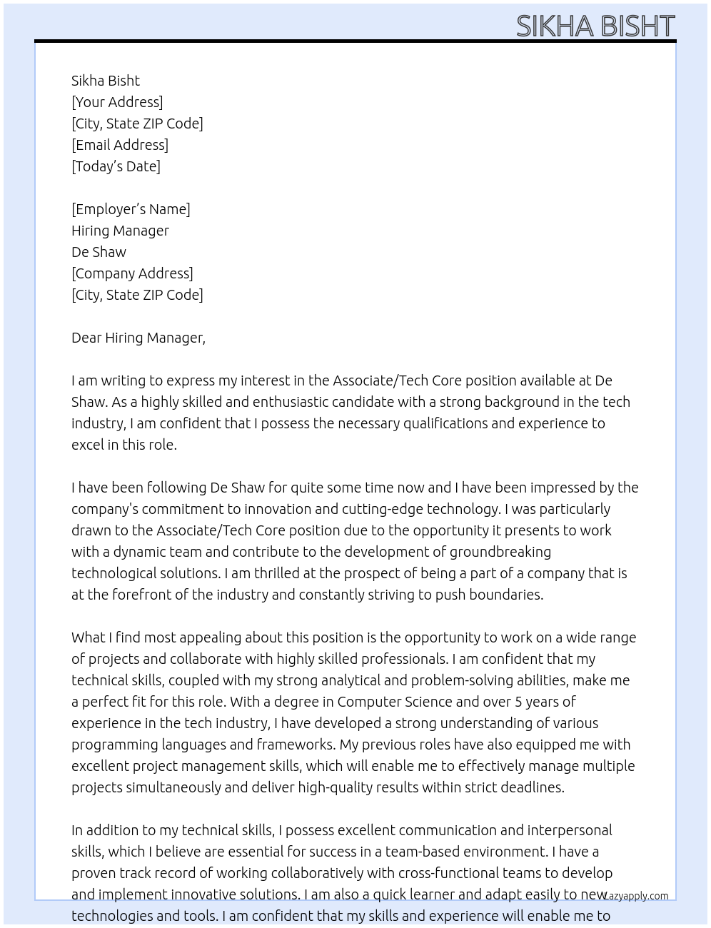 associate / tech core At de shaw Cover Letter