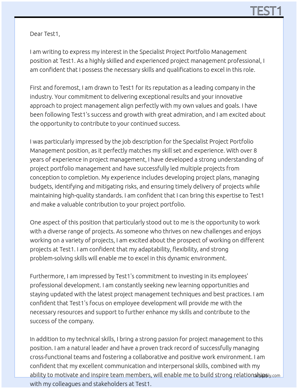 Specialist Project Portfolio Management At Test1 Cover Letter