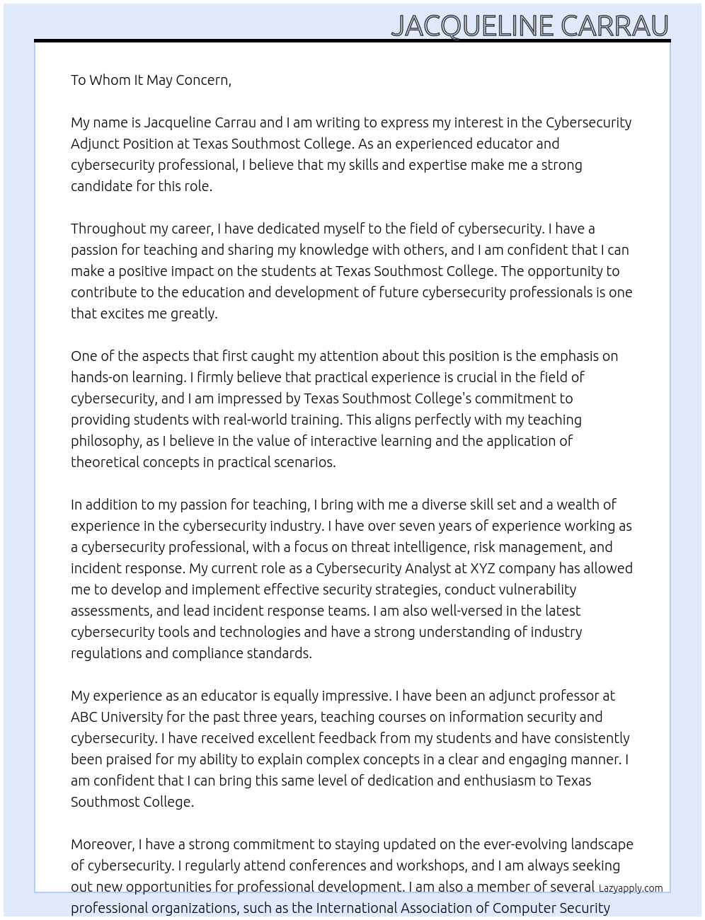 adjunct professor At Texas Southmost College Cover Letter