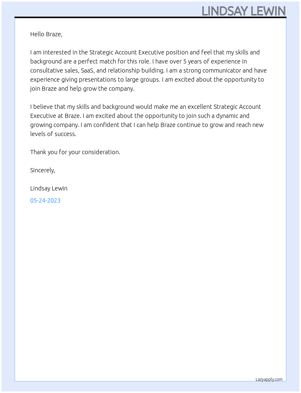 Strategic Account Executive At Braze Cover Letter
