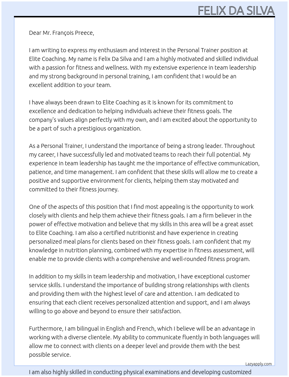 Personal Trainer At Elite Coaching Cover Letter