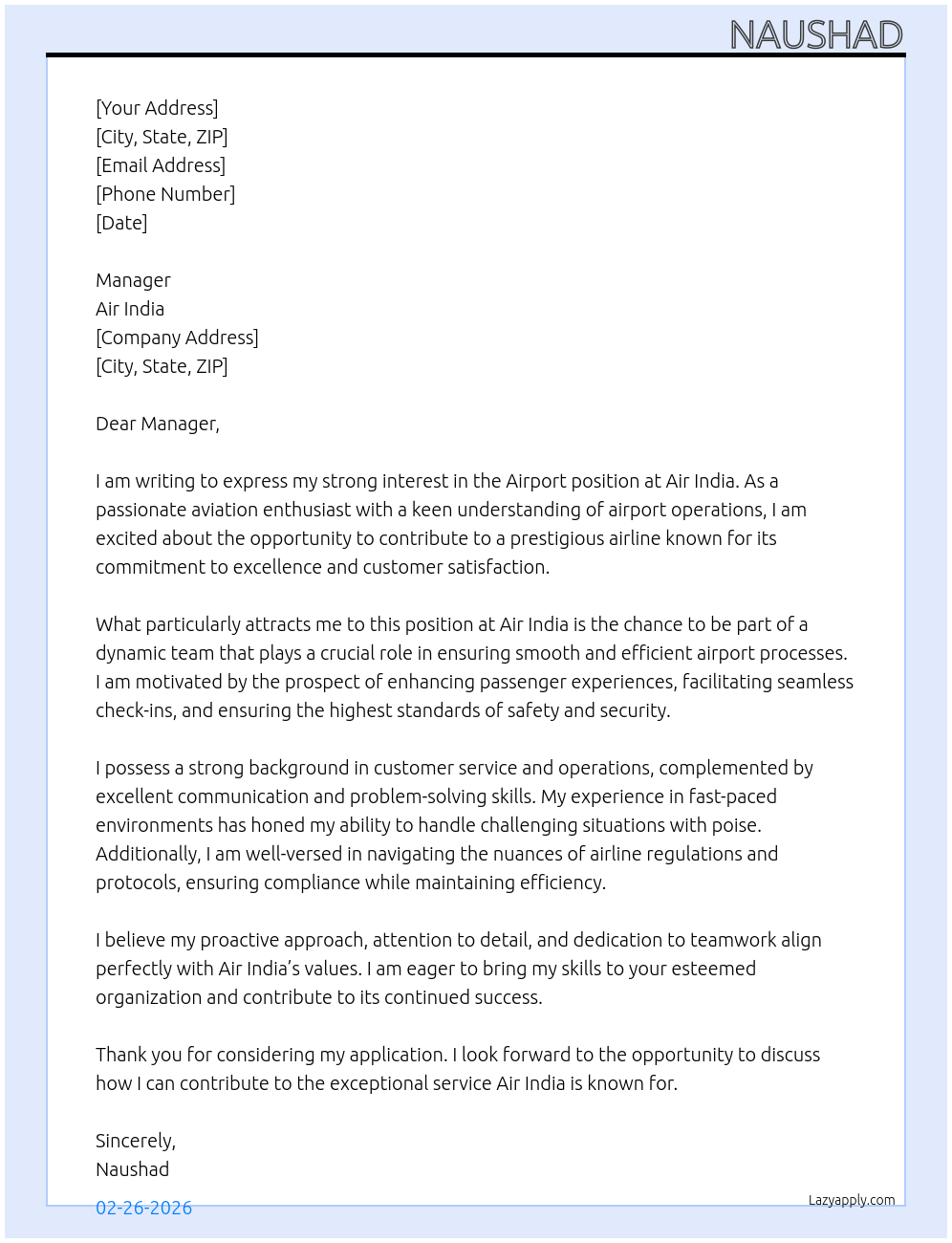 Airport At Air India Cover Letter